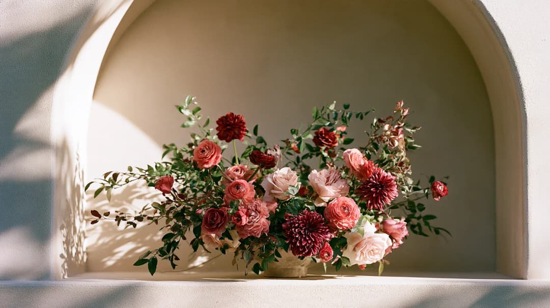 Dahlias and garden roses in the plaster niche at the studio.